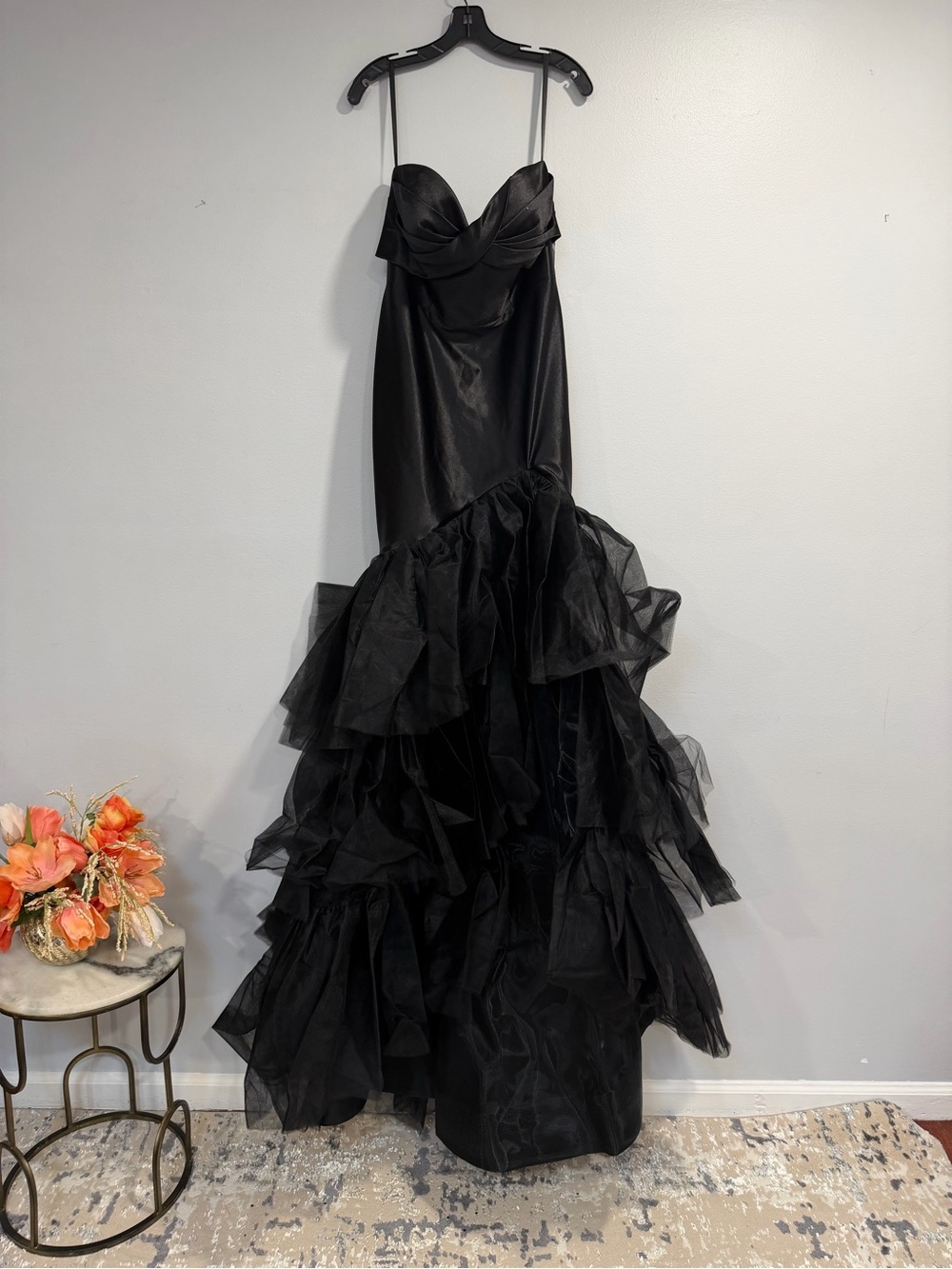 Jovani Elegant Black Strapless Ruffled Skirt Mermaid Evening Prom Gown